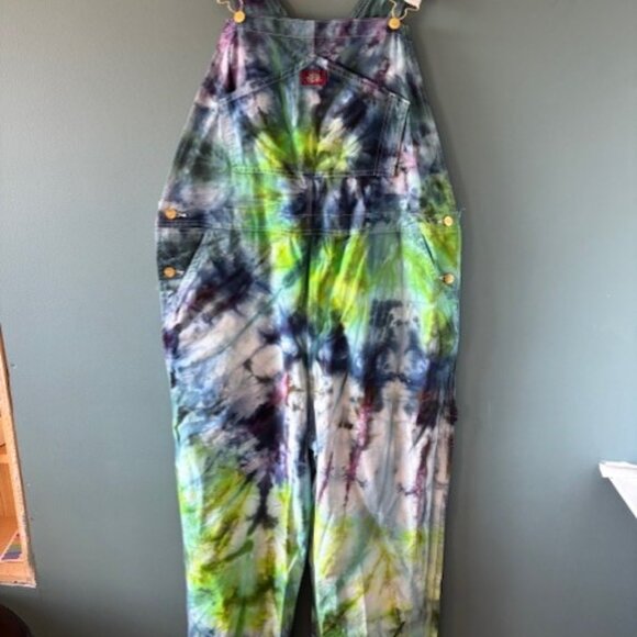 Custom Tie Dye Dickies Overalls 38x30 Blue Green White Unisex Painters Jumpsuit